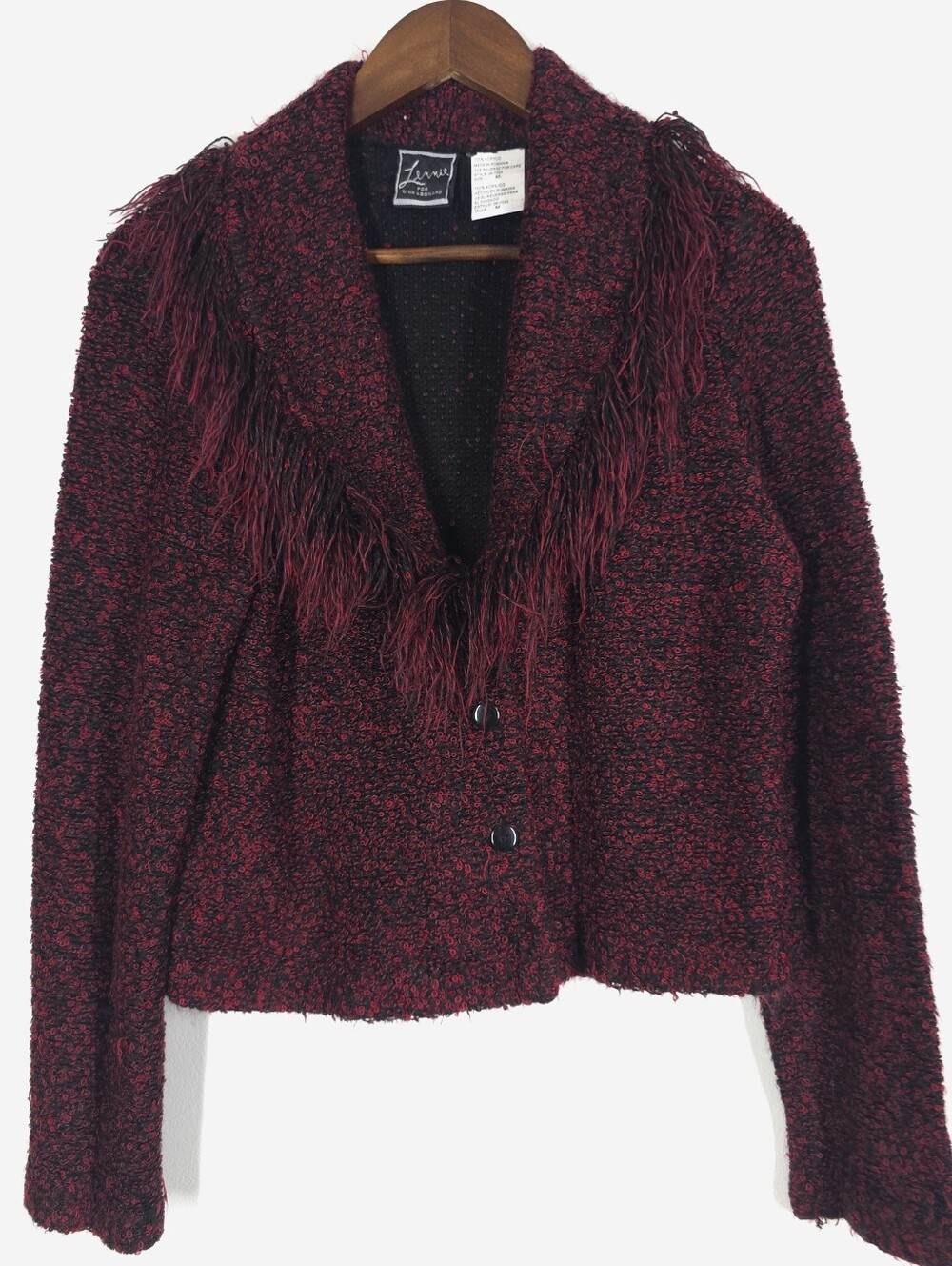 Nina Leonard Red and Black Bouclé Fringe Cardigan